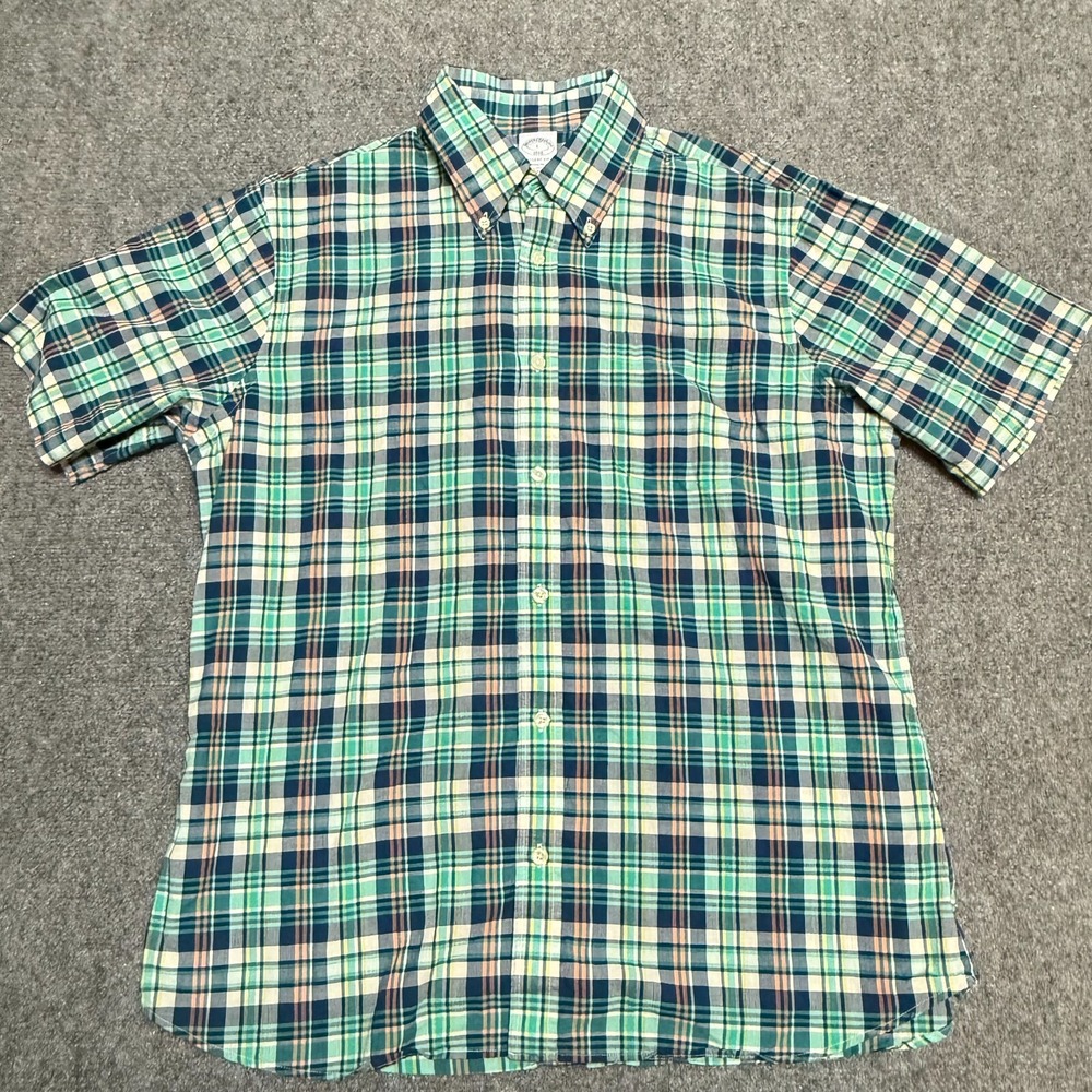 Brooks Brothers Shirt L Blue Plaid Cotton Regent Fit Short Sleeve India Madras